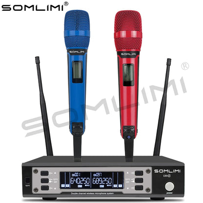 SOMLIMI 135G4 UHF Dual Channels Profession Wireless Microphone System Stage Performance Dynamic Long Distance Metal Handheld