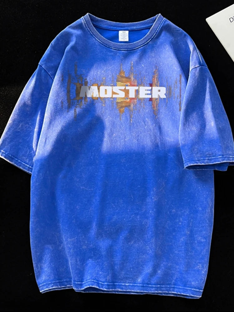 Summer Hip Hop Graffiti Design Short Sleeve T-shirts For Men Wash Distressed Cotton Y2K Tee Shirts Vintage Streetwear Tshirt