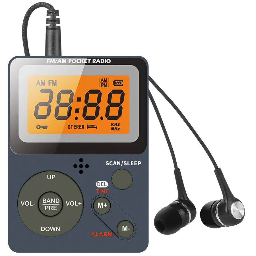 Digital Radio, FM/AM, 2 Band Stereo Music Receiver, Portable Pocket Radio with Headphones, LCD Screen, 2xAAA Dry Battery Powered