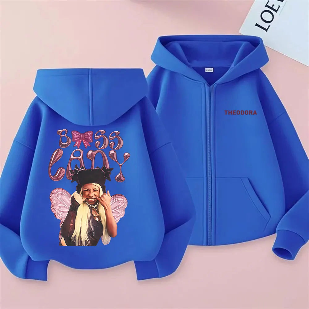 Rapper Theodora MEGA BBL Album Graphic Zipper Hoodie Men Women Hip Hop Fashion Zip Up Jacket Unisex Oversized Zip Up Sweatshirt
