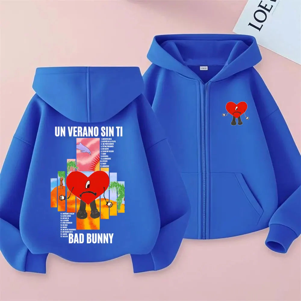 Rapper Bad Bunny Un Verano Sin Ti Album Graphic Zipper Hoodie Men Women Hip Hop Fashion Oversized Zip Up Jacket Coat Sweatshirt