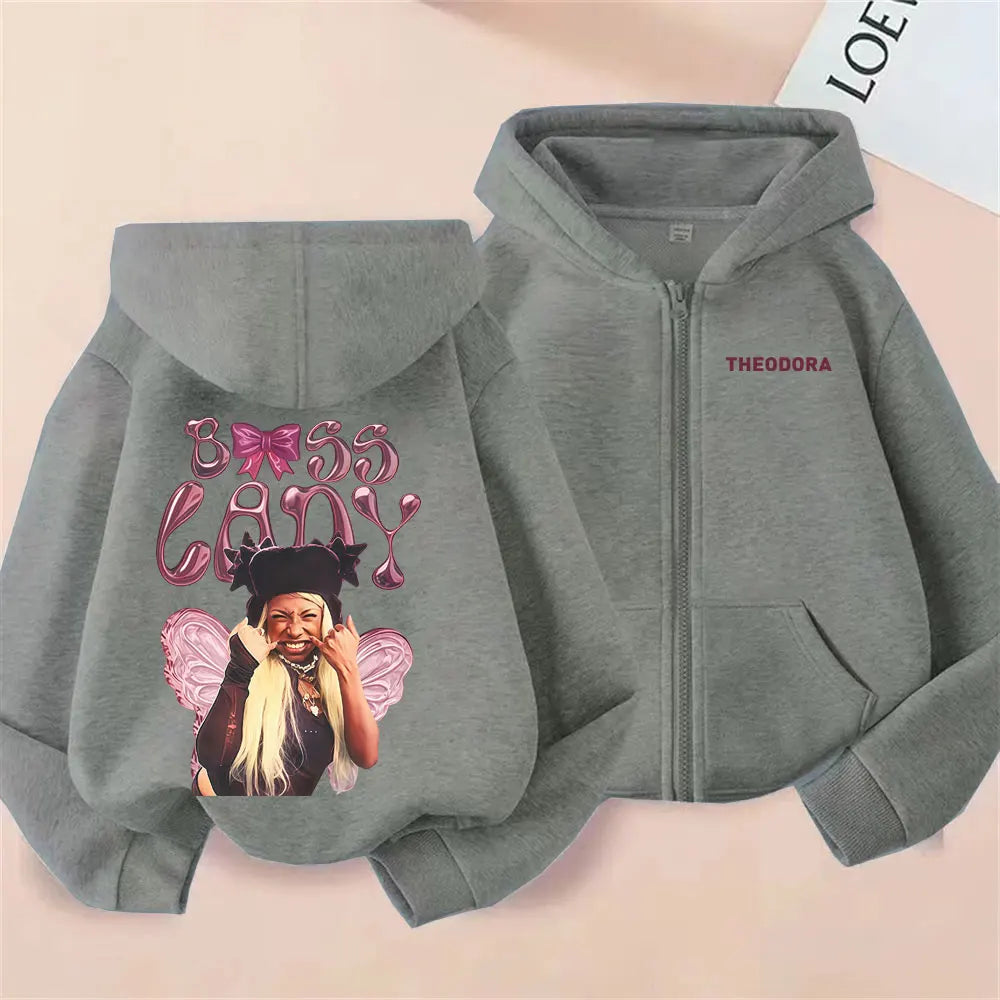 Rapper Theodora MEGA BBL Album Graphic Zipper Hoodie Men Women Hip Hop Fashion Zip Up Jacket Unisex Oversized Zip Up Sweatshirt