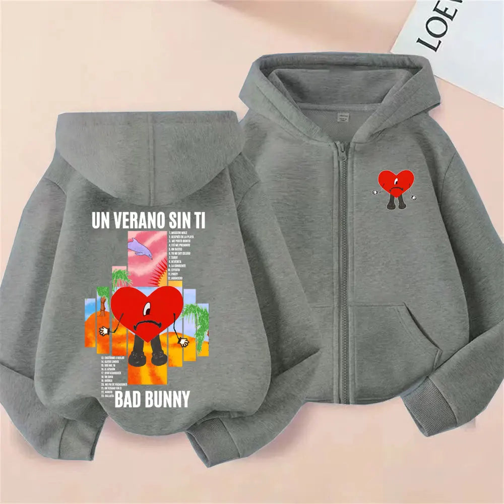 Rapper Bad Bunny Un Verano Sin Ti Album Graphic Zipper Hoodie Men Women Hip Hop Fashion Oversized Zip Up Jacket Coat Sweatshirt