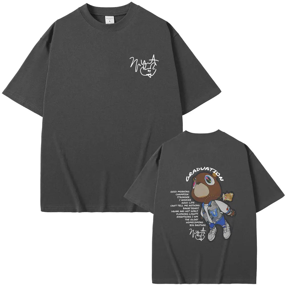 Rapper Kanye West Graduation Double Sided Graphic T-shirt Men Women Hip Hop Oversized O-collar Tshirt Male Kanye Black T Shirts