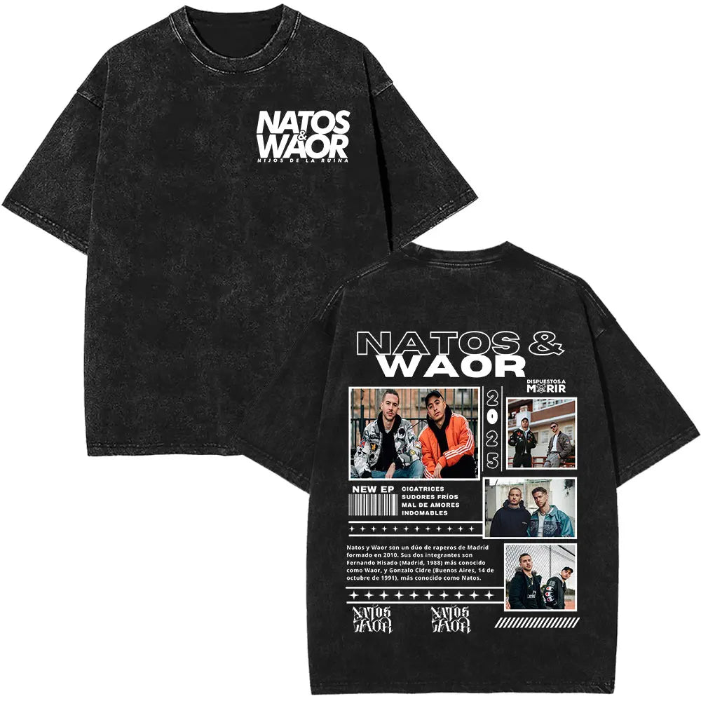Rapper NATOS WAOR Hijos De La Ruina Album Washed T Shirts Fashion Hip Hop Vintage T-shirts Men Women Cotton Short Sleeve T-shirt