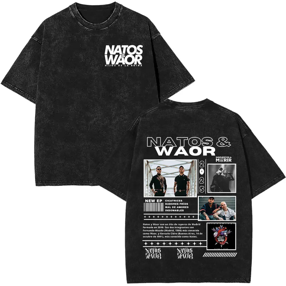 Rapper NATOS WAOR Hijos De La Ruina Album Washed T Shirts Fashion Hip Hop Vintage T-shirts Men Women Cotton Short Sleeve T-shirt