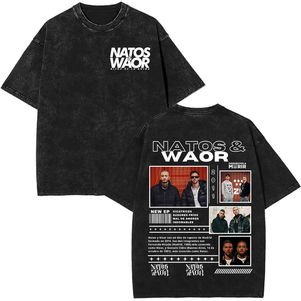 Rapper NATOS WAOR Hijos De La Ruina Album Washed T Shirts Fashion Hip Hop Vintage T-shirts Men Women Cotton Short Sleeve T-shirt