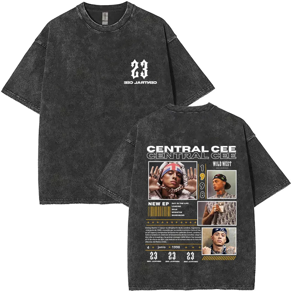 Washed Vintage Rapper Central Cee Face Graphic T-shirt Men Women Hip Hop Fashion Pop Music T Shirts Men's Casual Cotton T-shirts