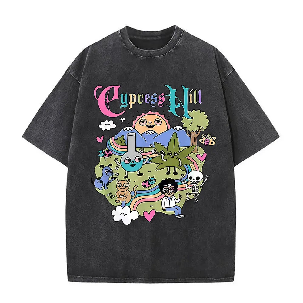 Washed Vintage Rapper Cypress Hill Skeleton Graphic T Shirts Men Women Hip Hop Fashion Oversized T-shirt Male Retro Streetwear