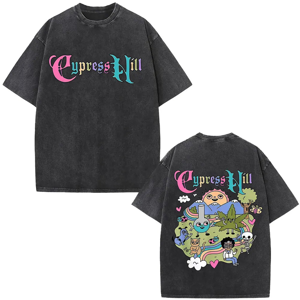 Washed Vintage Rapper Cypress Hill Skeleton Graphic T Shirts Men Women Hip Hop Fashion Oversized T-shirt Male Retro Streetwear