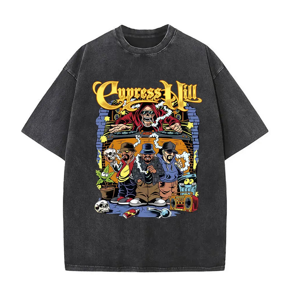 Washed Vintage Rapper Cypress Hill Skeleton Graphic T Shirts Men Women Hip Hop Fashion Oversized T-shirt Male Retro Streetwear