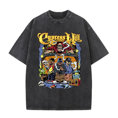 Washed Vintage Rapper Cypress Hill Skeleton Graphic T Shirts Men Women Hip Hop Fashion Oversized T-shirt Male Retro Streetwear