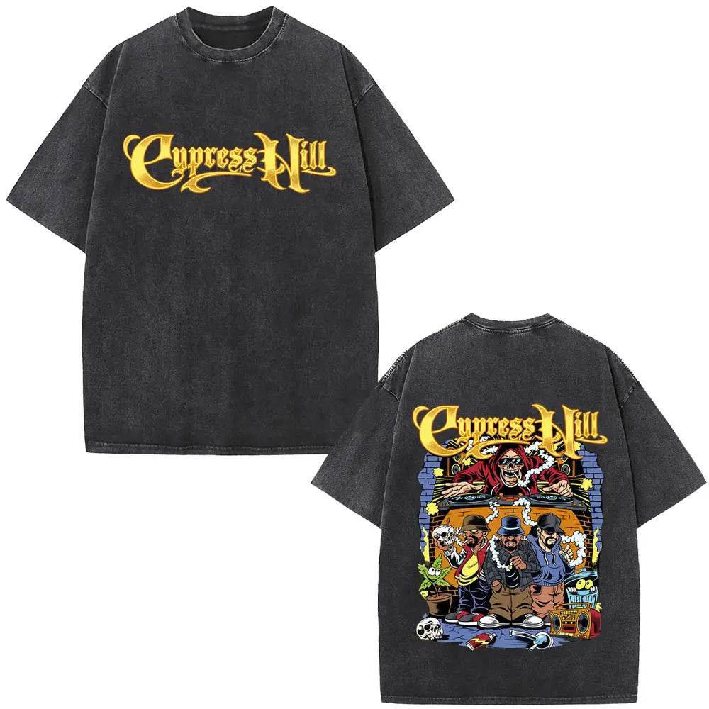 Washed Vintage Rapper Cypress Hill Skeleton Graphic T Shirts Men Women Hip Hop Fashion Oversized T-shirt Male Retro Streetwear