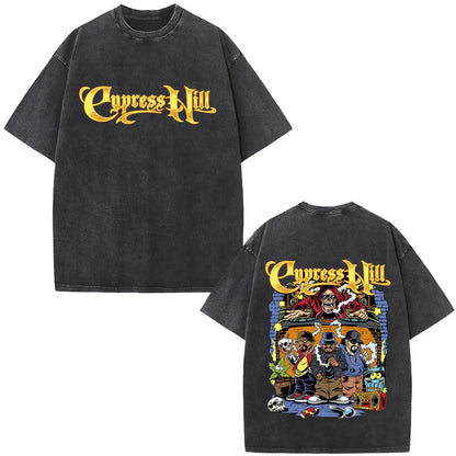 Washed Vintage Rapper Cypress Hill Skeleton Graphic T Shirts Men Women Hip Hop Fashion Oversized T-shirt Male Retro Streetwear