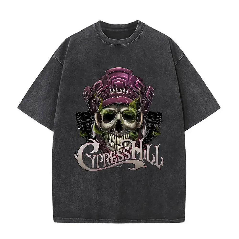 Washed Vintage Rapper Cypress Hill Skeleton Graphic T Shirts Men Women Hip Hop Fashion Oversized T-shirt Male Retro Streetwear