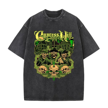 Washed Vintage Rapper Cypress Hill Skeleton Graphic T Shirts Men Women Hip Hop Fashion Oversized T-shirt Male Retro Streetwear