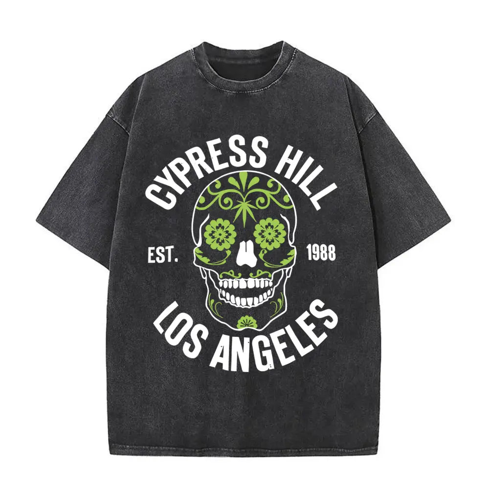 Washed Vintage Rapper Cypress Hill Skeleton Graphic T Shirts Men Women Hip Hop Fashion Oversized T-shirt Male Retro Streetwear