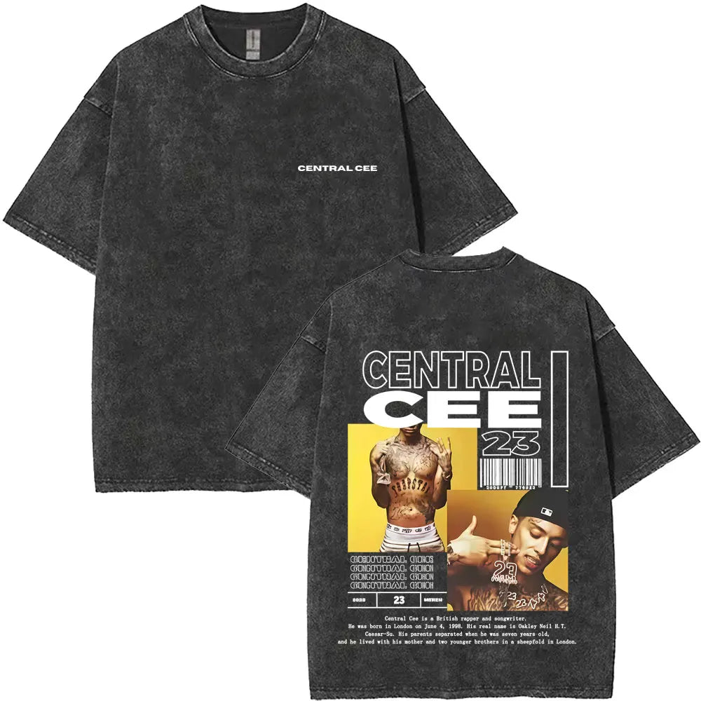 Washed Vintage Rapper Central Cee Face Graphic T-shirt Men Women Hip Hop Fashion Pop Music T Shirts Men's Casual Cotton T-shirts
