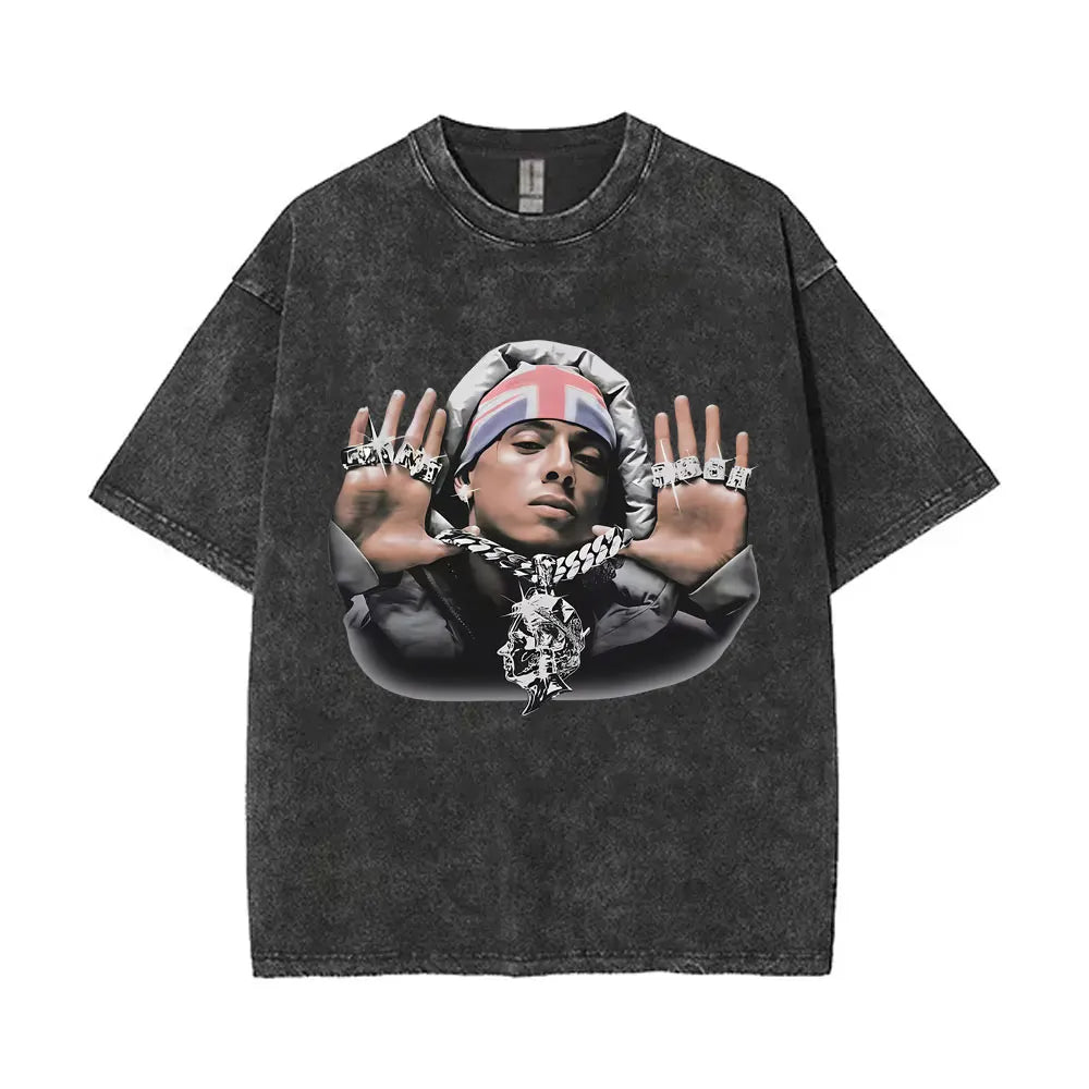 Washed Vintage Rapper Central Cee Face Graphic T-shirt Men Women Hip Hop Fashion Pop Music T Shirts Men's Casual Cotton T-shirts