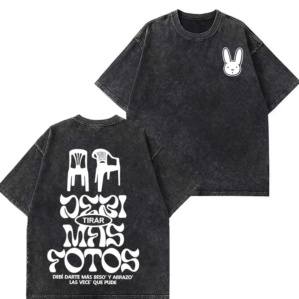 Rapper Bad Bunny Tour 2026 Debi Tirar Mas Fotos DTMF Merch Vintage Washed Tees Men Women Fashion T Shirts Cotton Casual T-shirts