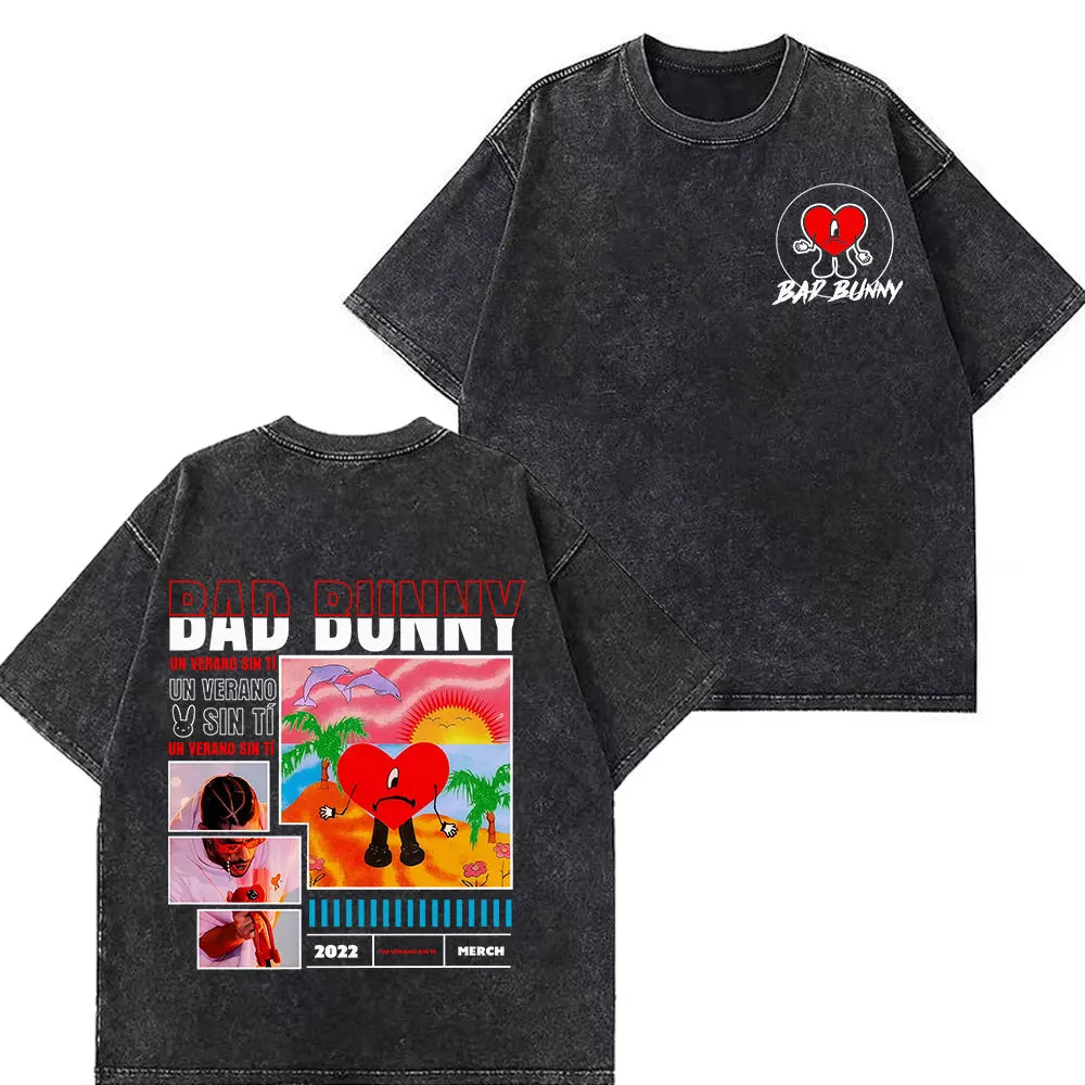 Rapper Bad Bunny Tour 2026 Debi Tirar Mas Fotos DTMF Merch Vintage Washed Tees Men Women Fashion T Shirts Cotton Casual T-shirts
