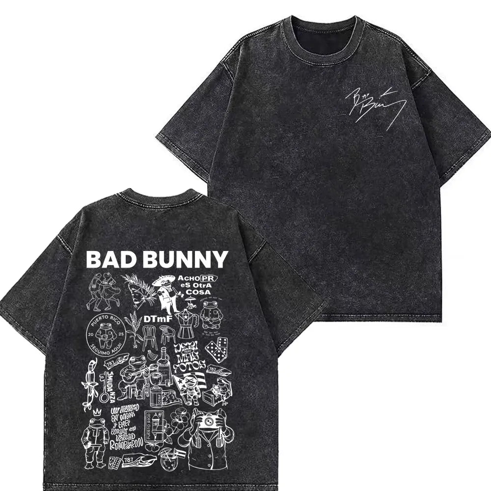 Rapper Bad Bunny Tour 2026 Debi Tirar Mas Fotos DTMF Merch Vintage Washed Tees Men Women Fashion T Shirts Cotton Casual T-shirts