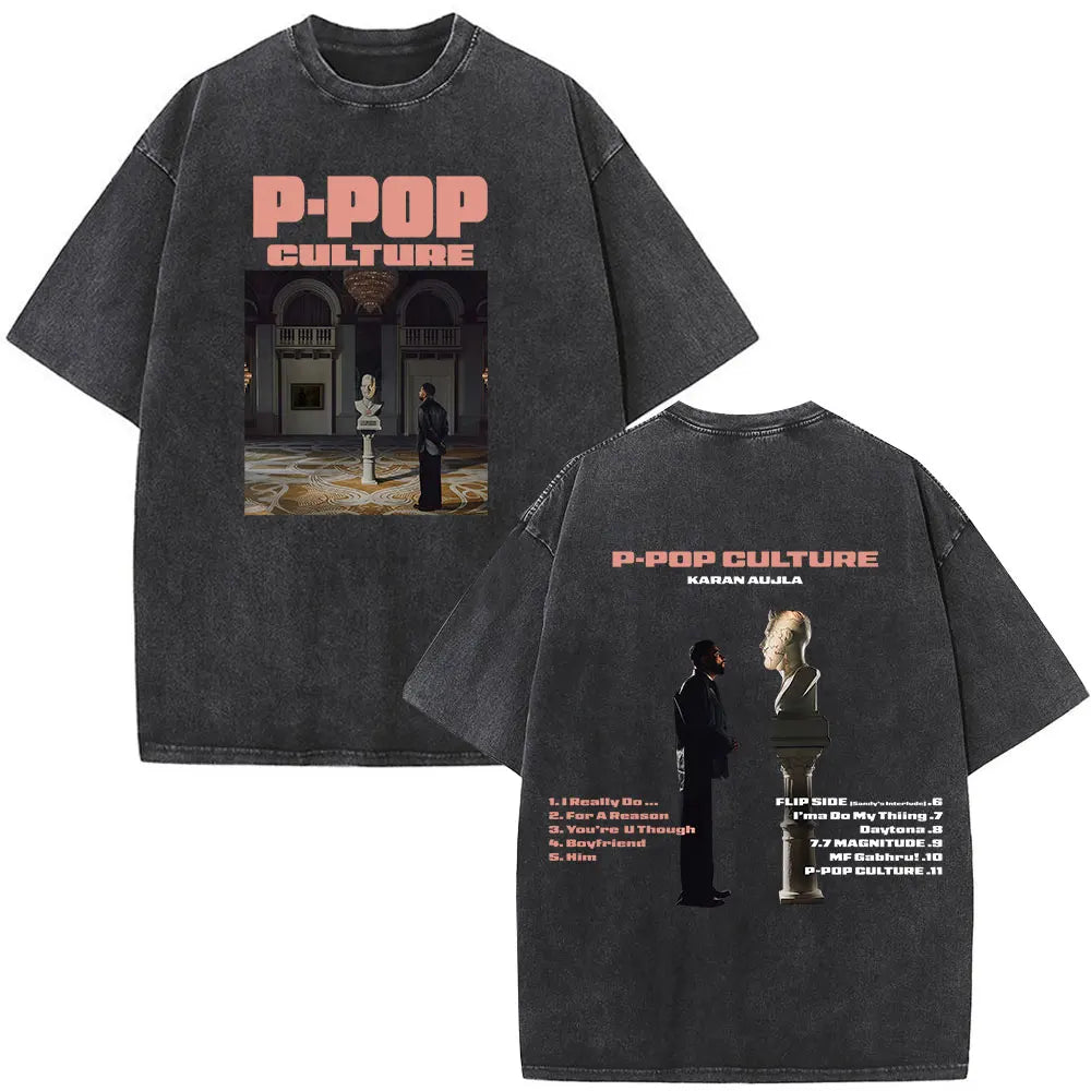 Rapper Karan Aujla Tour Graphic Vintage Washed Tees Men Women Fashion Hip-hop T Shirts Loose Casual Cotton Gothic Punk T-shirts