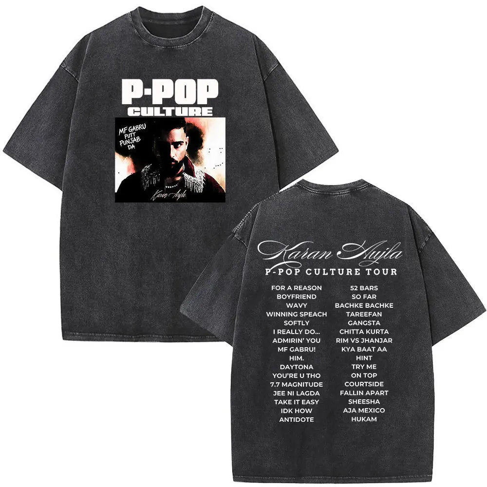Rapper Karan Aujla Tour Graphic Vintage Washed Tees Men Women Fashion Hip-hop T Shirts Loose Casual Cotton Gothic Punk T-shirts