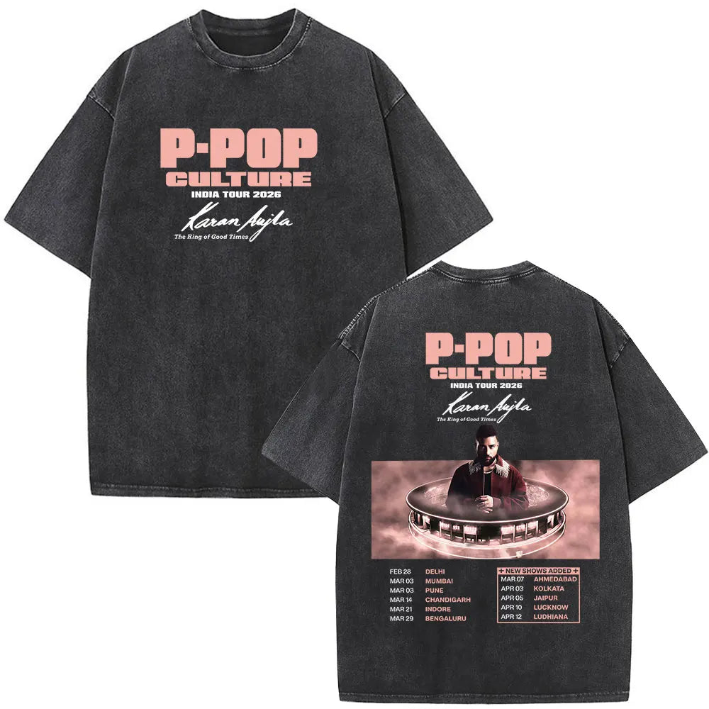 Rapper Karan Aujla Tour Graphic Vintage Washed Tees Men Women Fashion Hip-hop T Shirts Loose Casual Cotton Gothic Punk T-shirts