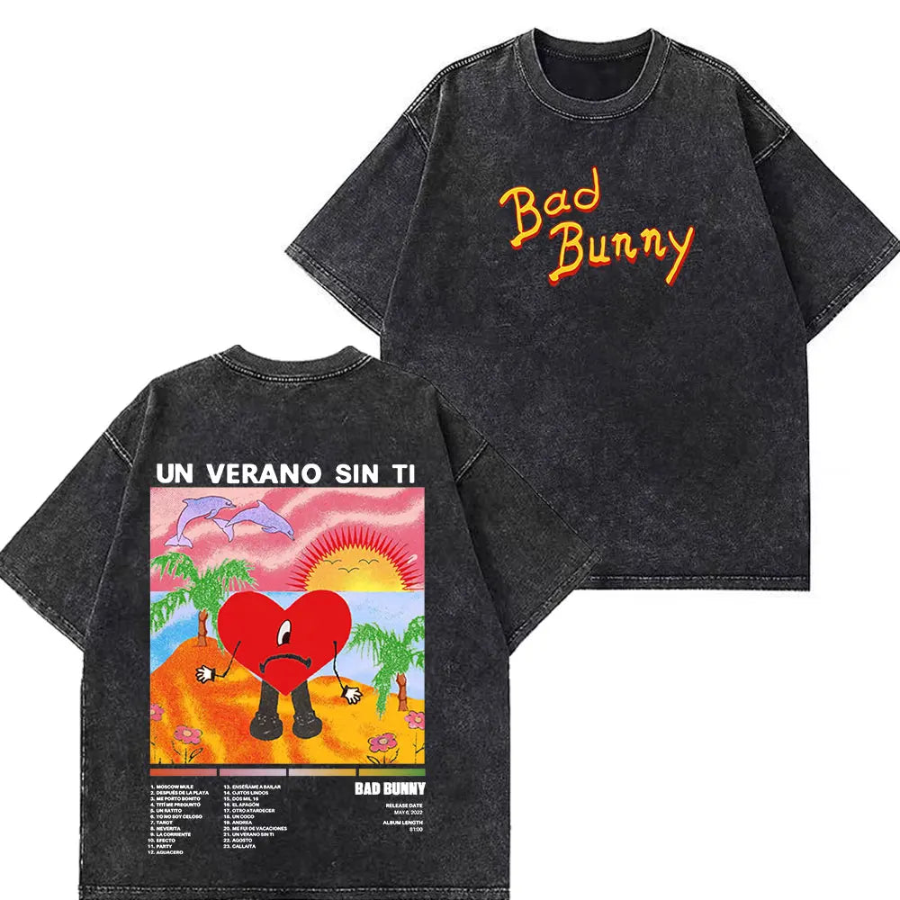 Rapper Bad Bunny Tour 2026 Debi Tirar Mas Fotos DTMF Merch Vintage Washed Tees Men Women Fashion T Shirts Cotton Casual T-shirts