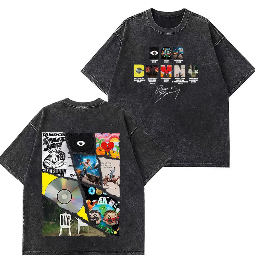 Rapper Bad Bunny Tour 2026 Debi Tirar Mas Fotos DTMF Merch Vintage Washed Tees Men Women Fashion T Shirts Cotton Casual T-shirts