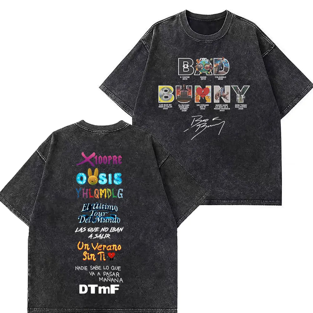 Rapper Bad Bunny Tour 2026 Debi Tirar Mas Fotos DTMF Merch Vintage Washed Tees Men Women Fashion T Shirts Cotton Casual T-shirts