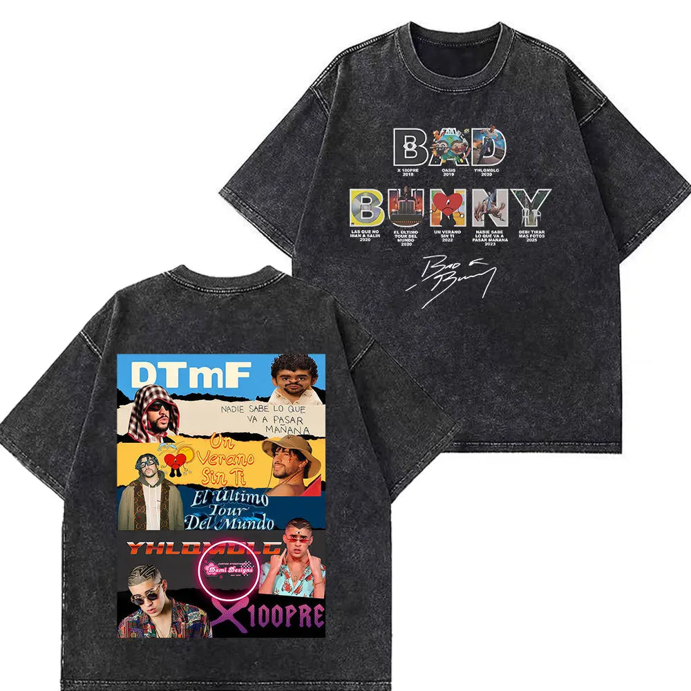 Rapper Bad Bunny Tour 2026 Debi Tirar Mas Fotos DTMF Merch Vintage Washed Tees Men Women Fashion T Shirts Cotton Casual T-shirts