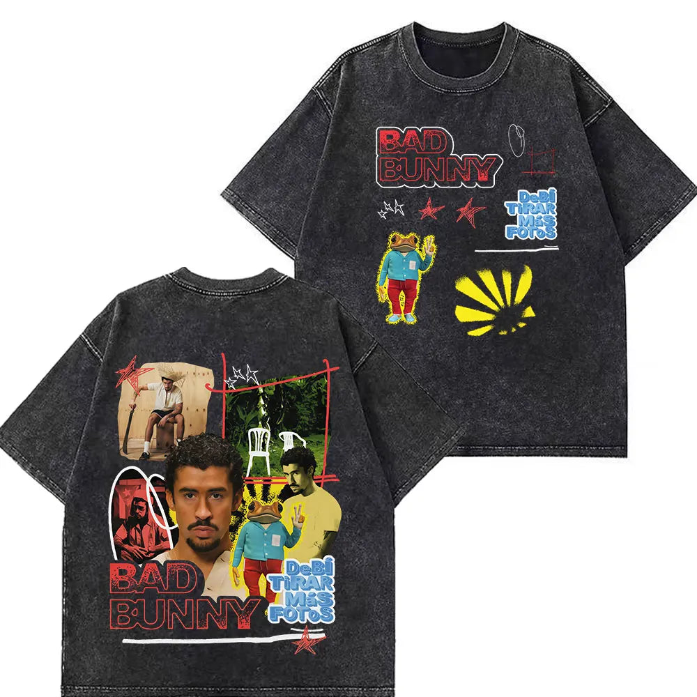Rapper Bad Bunny Tour 2026 Debi Tirar Mas Fotos DTMF Merch Vintage Washed Tees Men Women Fashion T Shirts Cotton Casual T-shirts