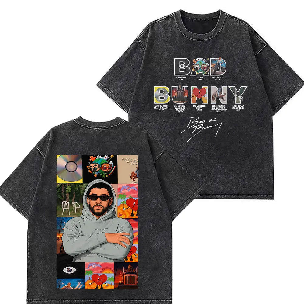 Rapper Bad Bunny Tour 2026 Debi Tirar Mas Fotos DTMF Merch Vintage Washed Tees Men Women Fashion T Shirts Cotton Casual T-shirts