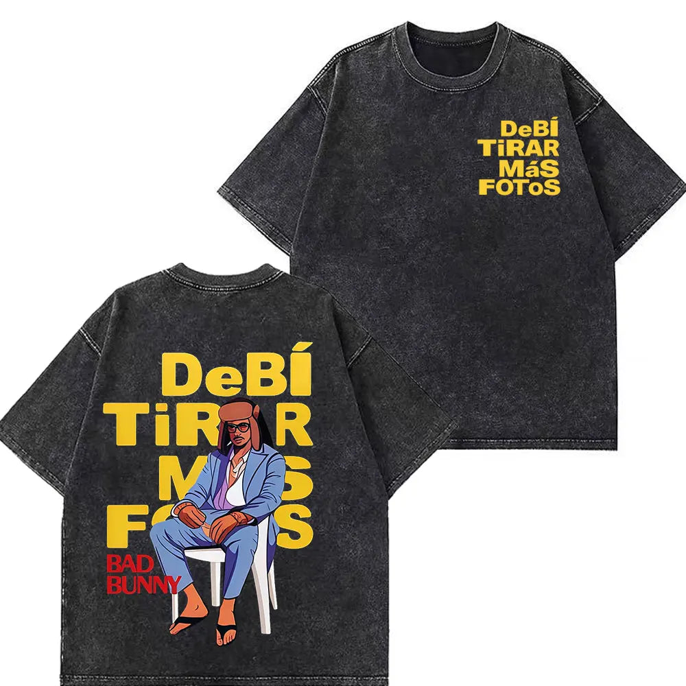 Rapper Bad Bunny Tour 2026 Debi Tirar Mas Fotos DTMF Merch Vintage Washed Tees Men Women Fashion T Shirts Cotton Casual T-shirts