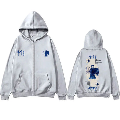 Rapper Milo J 111 Album Graphic Zipper Hoodie Men Women Hip Hop Fashion Oversized Streetwear Unisex Vintage Casual Zip Up Jacket