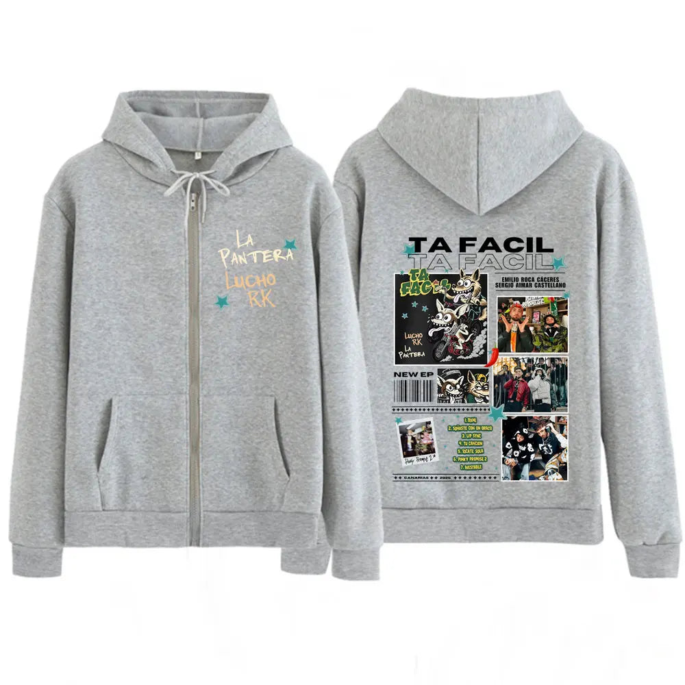 Rapper La Panter Lucho Rk Ta Facil Album 2025 Tour Fashion Print Zipper Hoodie Men Harajuku Hip-hop Oversized Zip Up Tracksuit