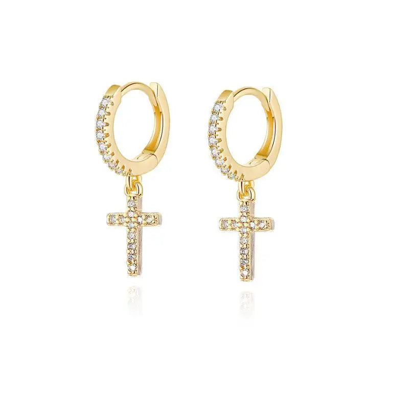 Hiphop Small Cross Pendant Earrings For Women Men Black Gold Silver Color Tiny White Zircon Ear Buckle Hoops Punk Party Jewelry