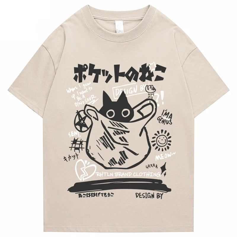 Hip Hop T-Shirt Men Streetwear Japanese Kanji Funny Cat Printed T Shirt 2023 Men Harajuku Cotton Casual Short Sleeve Tshirt Tops