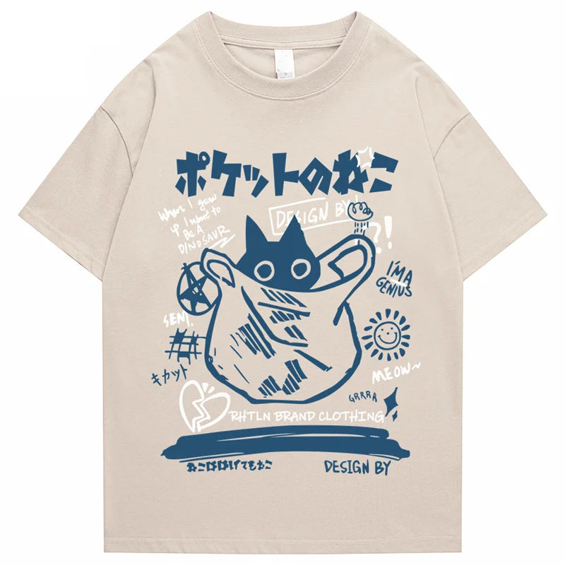 Hip Hop T-Shirt Men Streetwear Japanese Kanji Funny Cat Printed T Shirt 2023 Men Harajuku Cotton Casual Short Sleeve Tshirt Tops