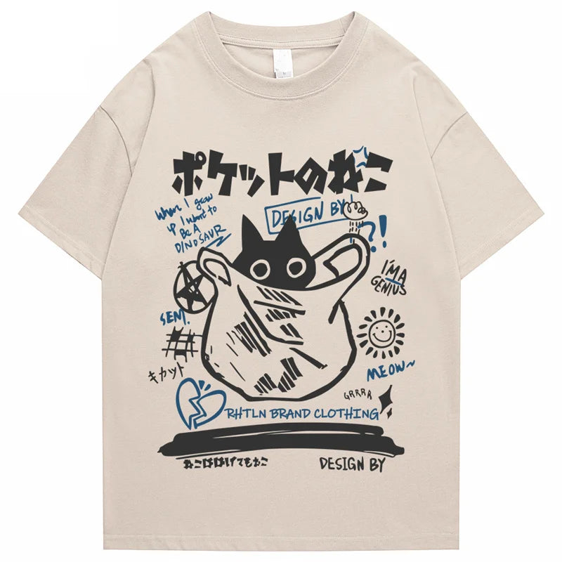 Hip Hop T-Shirt Men Streetwear Japanese Kanji Funny Cat Printed T Shirt 2023 Men Harajuku Cotton Casual Short Sleeve Tshirt Tops