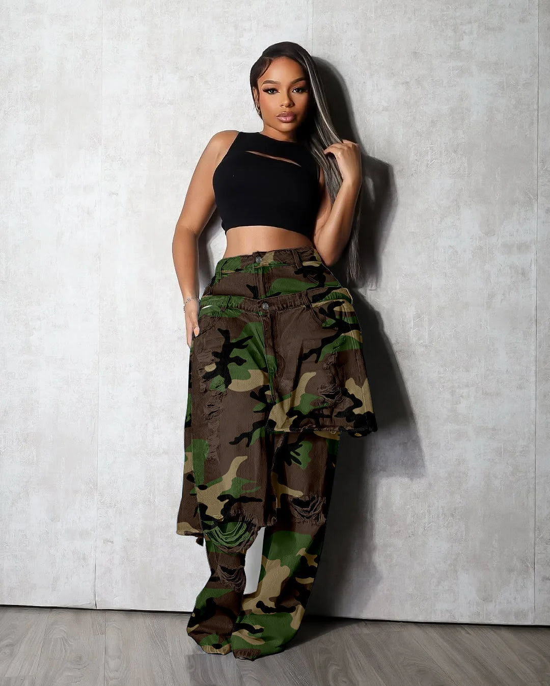 Hip Hop Ripped Camouflage Print Jeans Stretch Pants Sexy Women High Waist Elegant Camo Denim Straight Trousers
