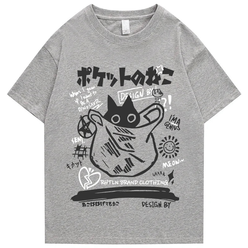 Hip Hop T-Shirt Men Streetwear Japanese Kanji Funny Cat Printed T Shirt 2023 Men Harajuku Cotton Casual Short Sleeve Tshirt Tops