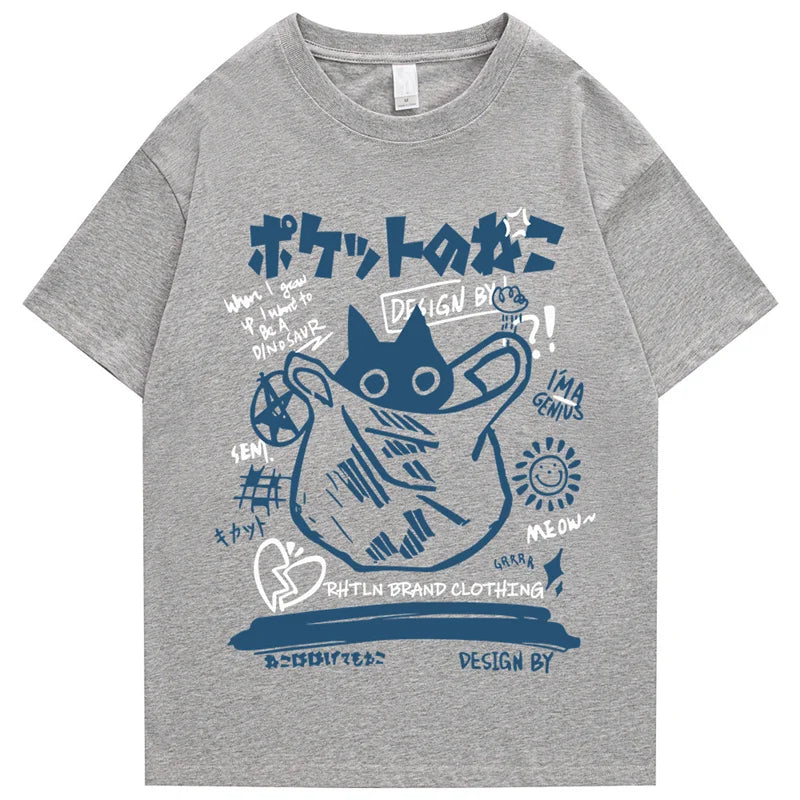 Hip Hop T-Shirt Men Streetwear Japanese Kanji Funny Cat Printed T Shirt 2023 Men Harajuku Cotton Casual Short Sleeve Tshirt Tops