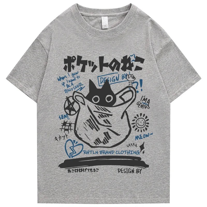 Hip Hop T-Shirt Men Streetwear Japanese Kanji Funny Cat Printed T Shirt 2023 Men Harajuku Cotton Casual Short Sleeve Tshirt Tops