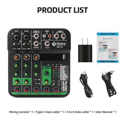 Debra MC4 Mixing Console, 99 DSP reverb effects, Bluetooth 5.0, 48V phantom power, ideal for DJ mixing and weddings
