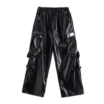 Kid Hip Hop Clothing T Shirt Crop Top Wine Red Arm Sleeve Faux Leather Casual Cargo Pants for Girl Jazz Dance Costumes Clothes