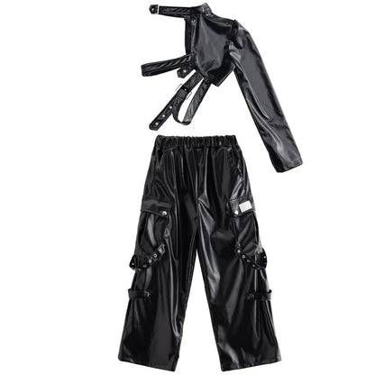 Kid Hip Hop Clothing T Shirt Crop Top Wine Red Arm Sleeve Faux Leather Casual Cargo Pants for Girl Jazz Dance Costumes Clothes