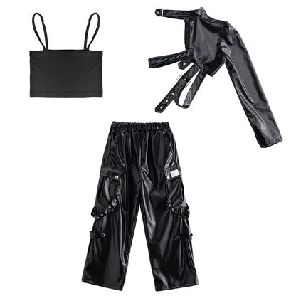 Kid Hip Hop Clothing T Shirt Crop Top Wine Red Arm Sleeve Faux Leather Casual Cargo Pants for Girl Jazz Dance Costumes Clothes